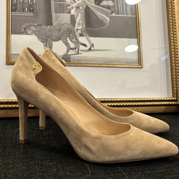 Tory Burch Tan Suede Pointed Toe Pumps Gold Logo Heel Sand Heels - Picture 12 of 16